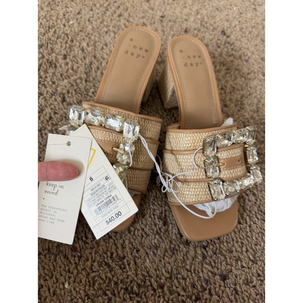 A New Day Rhinestone Buckle Block Heel 6 Slide Sandals Beige Women’s - Picture 5 of 8